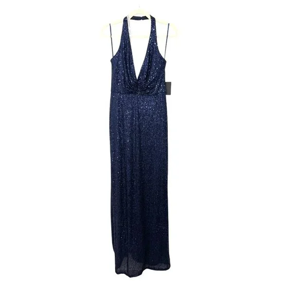 Mac Duggal Navy Sequins Halter Backless Maxi Formal Gown Dress Size 6 NEW - Picture 4 of 9